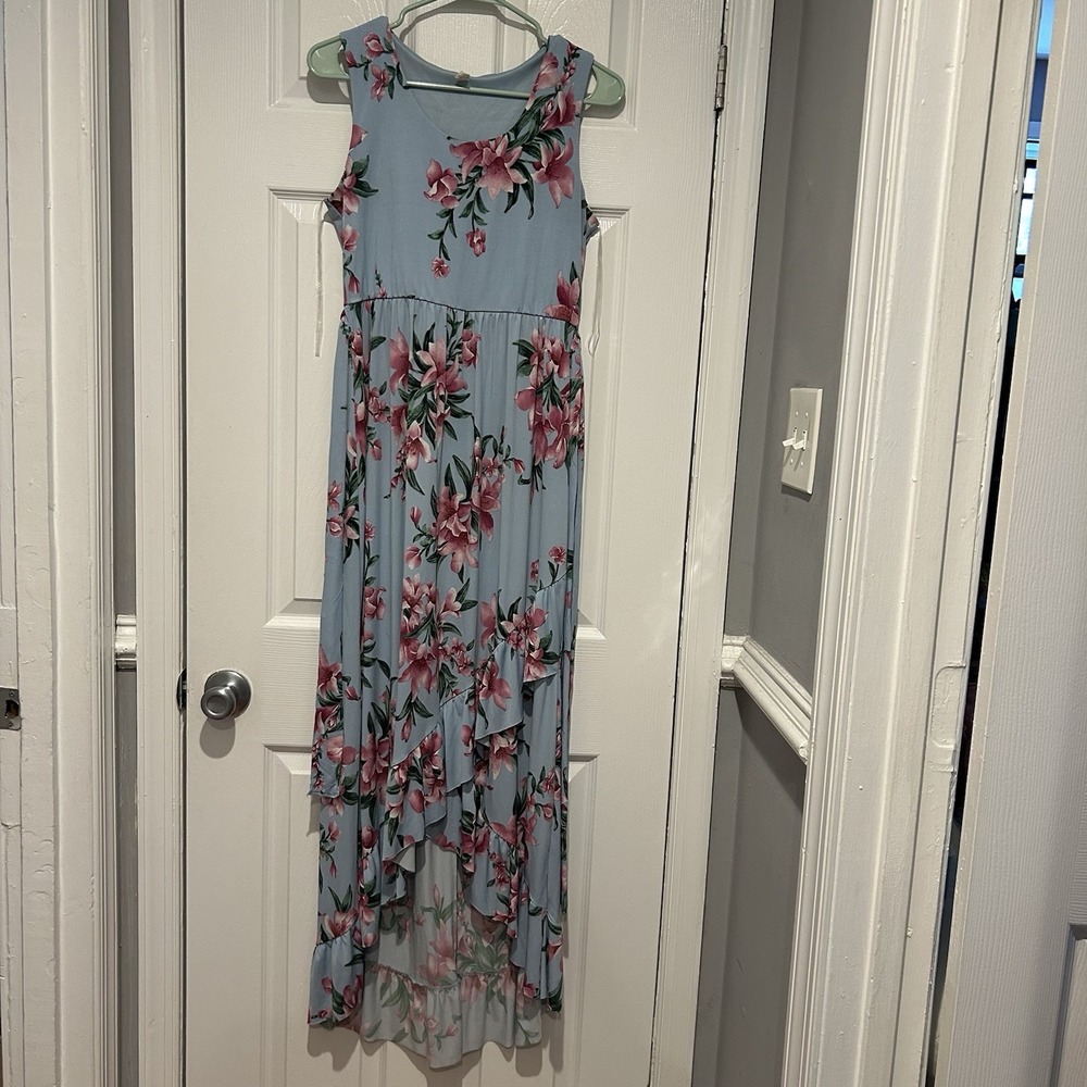 PinkBlush Floral High-Low Maxi Dress – Light Blue & Pink (S/M)